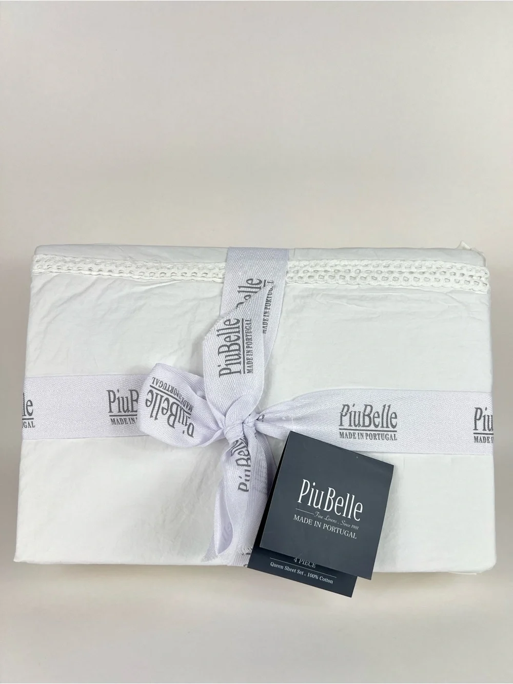 PiuBelle Queen Sheet Set White Crochet Trim Fine Linens Soft Cotton 4 Pc NEW